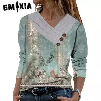 GMXIA Осенняя женская футболка с воротником-шарфом и длинным рукавом, толстовка с капюшоном и пуговицами для женщин S