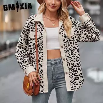 GMXIA Осенняя женская куртка с леопардовым принтом на пуговицах с длинным рукавом, куртка-рубашка для женщин, куртки и пальто S абрикосовый