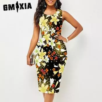 GMXIA Party Платье без рукавов с круглым вырезом и модным принтом, разноцветное платье S