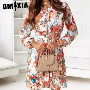 GMXIA Платье-блуза с приспущенной талией и осенним принтом и длинными рукавами S белый