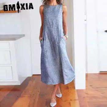 GMXIA Платье большого размера без рукавов с круглым вырезом в полоску S хаки