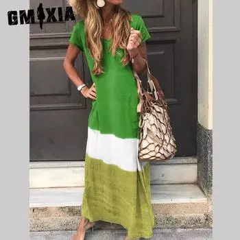 GMXIA Платье большого размера для женщин свободного покроя в стиле пэчворк с короткими рукавами S жёлтый