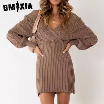 GMXIA Платье Commuter Осень-зима с V-образным вырезом, сексуальный переплетенный свитер средней длины, юбка-халат на бедрах S чёрный