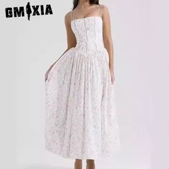 GMXIA Fairy Chic Strap Gentle Wind Dress Slimming Floral Strap Dress S белый