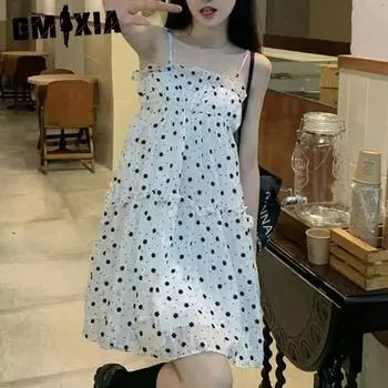 GMXIA Платье-халтер летнее с маленьким цветочным принтом, свободная, супер фея, студенческая узкая юбка S белый