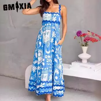 GMXIA Платье-халтер весна-лето, модное платье с принтом «темперамент» для женщин S