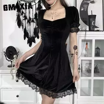 GMXIA Платье из темной замши с квадратным воротником, кружевной кромкой и пышными рукавами, однотонная юбка на осень и зиму для женщин M чёрный