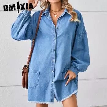 GMXIA Платье-миди из однотонного денима с длинными рукавами и меховой юбкой, весна-осень S светло-синий