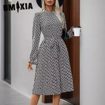 GMXIA Платье на шнуровке, осенне-зимнее платье с геометрическим принтом S чёрный