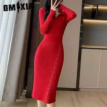 GMXIA Платье осень-зима талия средняя длина юбка запах бедра с основой облегающее трикотажное платье Uniform size