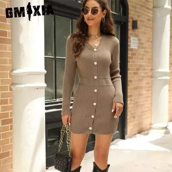 GMXIA Платье осень-зима женское облегающее повседневное однобортное трикотажное платье средней длины, закрывающее ягодицы S серый