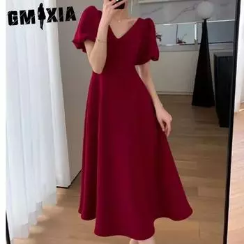 GMXIA Платье размера плюс Fat Sister Red Dress Женское летнее французское платье для уменьшения возраста с V-образным вырезом и рукавами-фонариками M чёрный