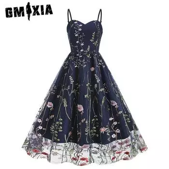 GMXIA Платье Ремень Вышивка Сетка Лоскутное Винтажное Платье M белый