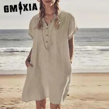 GMXIA Платье-рубашка из хлопка и льна, платье с карманами, пляжное платье, повседневные платья S серый