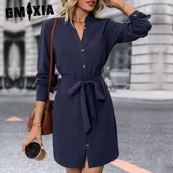 GMXIA Платье-рубашка, осеннее женское платье-кардиган с длинными рукавами и шнуровкой S