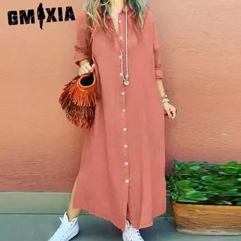 GMXIA Весна и осень хлопок лен Commuter Temperament однотонный простой лацкан длинный рукав свободный кардиган рубашка платье S