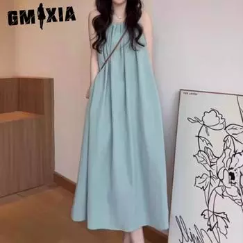 GMXIA Платье с бретелью через шею Детская одежда Летнее пляжное платье для отдыха Сарафан без рукавов Senior Sense S абрикосовый