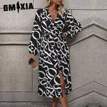 GMXIA Платье с длинными рукавами и геометрическим принтом для женщин на осень-зиму S чёрный