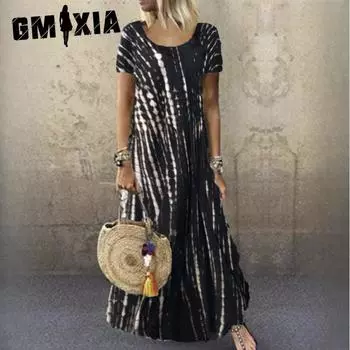 GMXIA Платье с круглым вырезом и коротким рукавом с принтом тай-дай, свободное, длинное, большие повседневные платья S белый