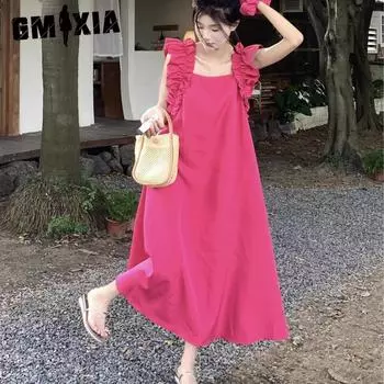 GMXIA Платье с квадратным воротником и деревянными ушками, с небольшими рукавами-крылышками, женское летнее свободное облегающее длинное платье розово-красного цвета S
