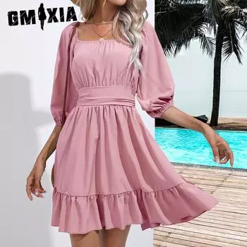 GMXIA Платье с однотонным принтом, оборками, квадратным вырезом, юбкой на шнуровке, женское летнее платье S белый