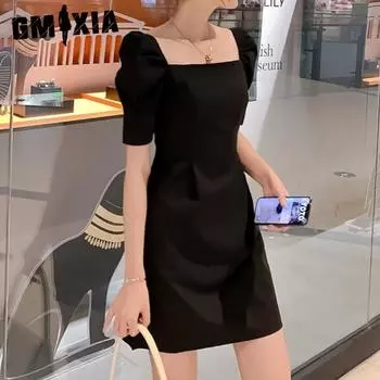 GMXIA Платье с пышными рукавами, летнее стильное платье с юбкой, утягивающее платье с однотонным вырезом для женщин S