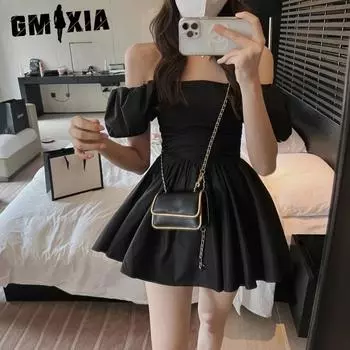 GMXIA Платье с пышными рукавами, талией на уровне линии и плечами на уровне талии, с короткой пышной юбкой, маленькое праздничное летнее платье