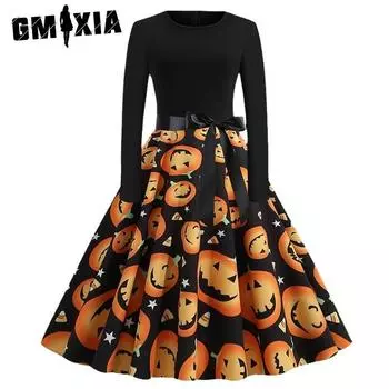GMXIA Платье с рождественским принтом осень-зима в стиле ретро с круглым вырезом сексуальное S