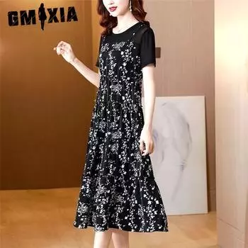 GMXIA Платье шифоновое с цветочным принтом и бретелькой через шею большого размера без косточек со шнуровкой на талии, утягивающее, длиной выше колена, юбка M чёрный