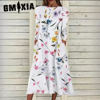 GMXIA Платье свободного кроя из набивного хлопка с рукавами 3/4 в стиле «коммьюнити» S белый