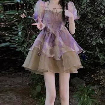 GMXIA Платье Tea Break French с рукавами-фонариками, женское летнее нишевое сексуальное платье принцессы с завышенной талией, пышное платье S фиолетовый