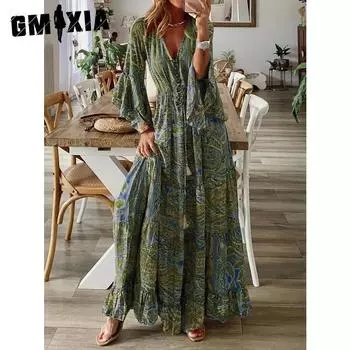 GMXIA Платье в стиле бохо-шик с расклешенными рукавами, макси-платье с V-образным вырезом и высокой талией с цветочным принтом для женщин XXXL красный