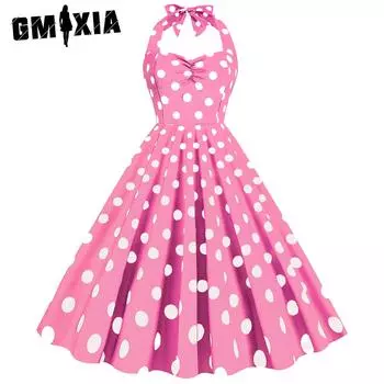 GMXIA Платье в стиле ретро в стиле Хепберн, платье для похудения с лямкой на шее в горошек S белый