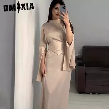 GMXIA Платье в стиле весеннего дворца с атласной талией, полувысоким воротником и длинными рукавами S шампанского