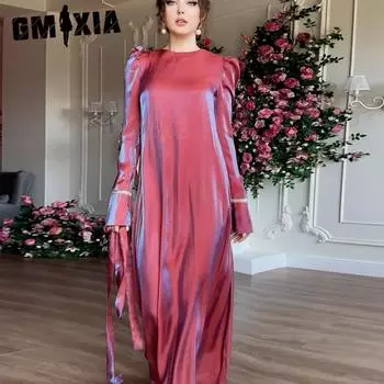 GMXIA Весенне-осеннее платье, спокойного цвета, блестящее, атласное, элегантное, свободное платье S