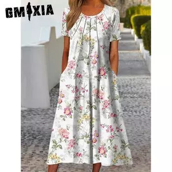 GMXIA Плиссированное платье Zou весна-лето с карманом, элегантный принт, короткие рукава, средняя длина S зелёный