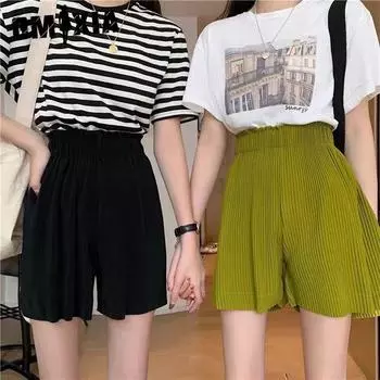 GMXIA Плиссированные шорты женские весенне-летние повседневные брюки-квотербеки с высокой талией мешковатые утягивающие брюки прямого покроя One Size чёрный