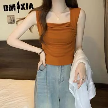 GMXIA Плиссированный низ жилета для женщин летний тонкий сладкий пряный ветер с безрукавкой топ футболка M