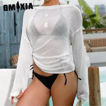 GMXIA Пляжная накидка с разрезом сбоку, свободная, с воротником-стойкой, длинными рукавами, 6 цветов Uniform size белый