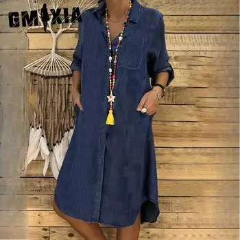 GMXIA Плюс Размер Женское Джинсовое Платье Однотонные Повседневные Платья Плюс Размер S светло-синий