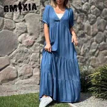 GMXIA Плюс Размер Женское Платье Из Искусственного Джинса Однотонное Длинное Платье с V-образным Вырезом S светло-синий