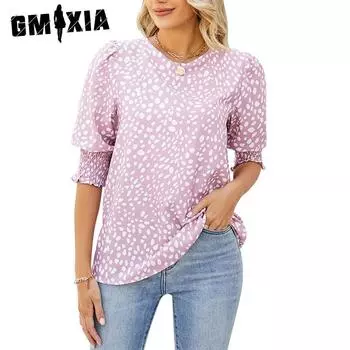 GMXIA Женская летняя свободная рубашка с коротким рукавом и круглым вырезом в горошек из шифона S чёрный