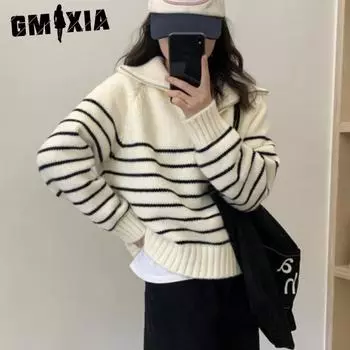 GMXIA Полосатый свитер-пуловер с застежкой-молнией на половину длины, женский, осень/зима, свободный, напускной, плотный трикотаж one size fits all белый