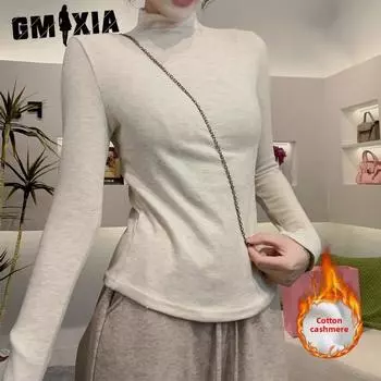 GMXIA Полуводолазка, свитер, женская футболка с длинным рукавом, осенне-зимняя, с флисовым верхом, тонкая вязка S