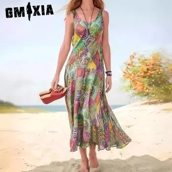 GMXIA Женское длинное платье из полиэстера с принтом, летнее бохо-пляжное платье-халтер для женщин S
