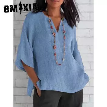 GMXIA Popular Fashion Summer Women s V-neck Seven-point Sleeve Cotton Linen Solid Color Loose Casual Shirt S небесно-голубой
