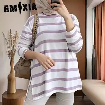 GMXIA Повседневный мешковатый топ больших размеров с длинными рукавами в полоску S чёрный