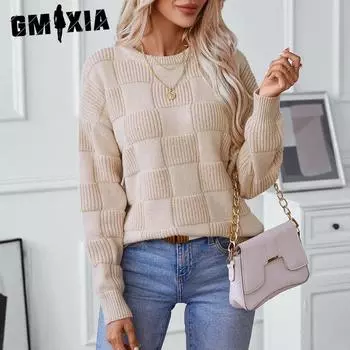 GMXIA Повседневный свитер-пуловер женский осенне-зимний свободный свитер с круглым вырезом S абрикосовый