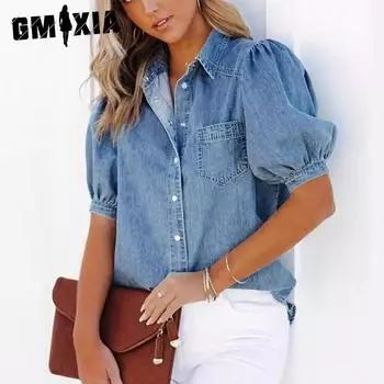 GMXIA Принцесса рукава лацкан тонкая джинсовая рубашка повседневный топ мода женщина S синий