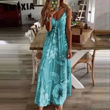 GMXIA Printed Halter V-образный вырез без рукавов длинное платье S розовый